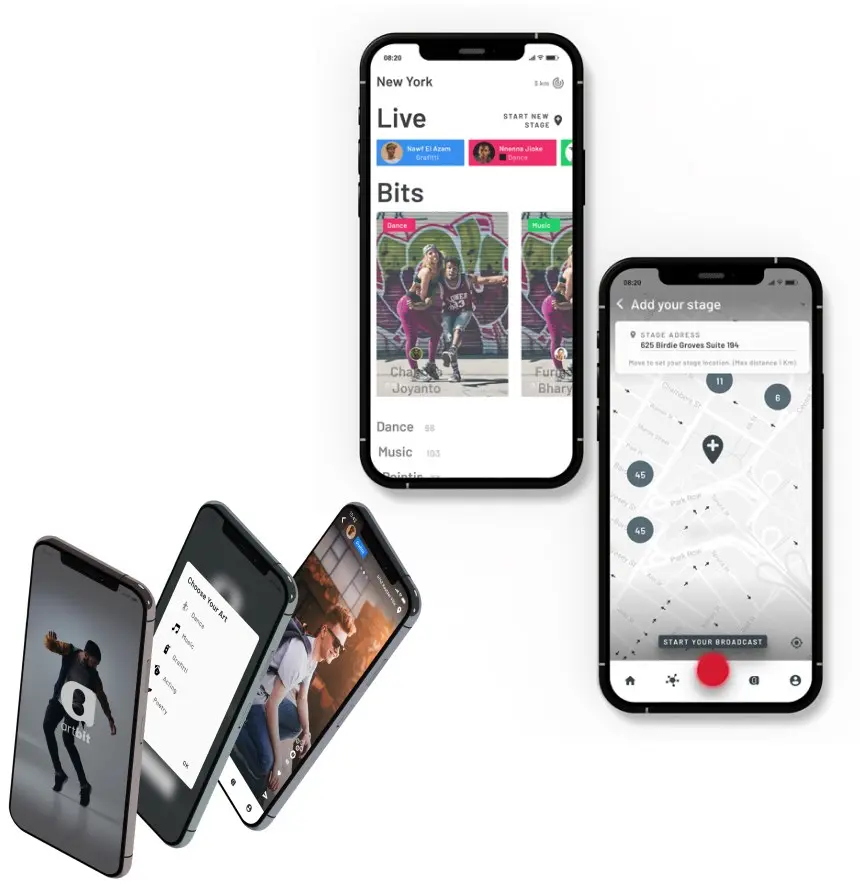 Telas do Artbit com transmissão ao vivo, mapa de palcos e feed