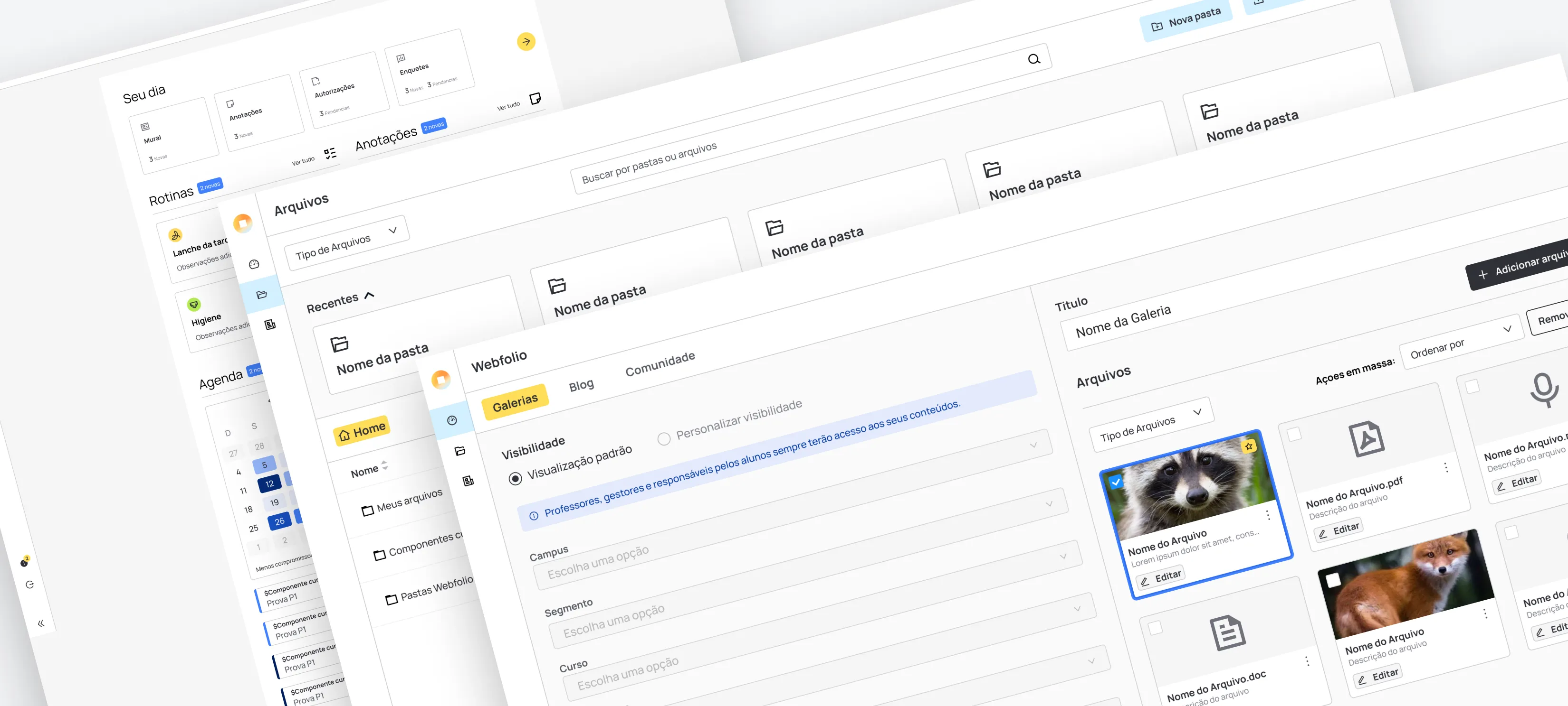 Interfaces do IluminarApp para gestão pedagógica e administrativa