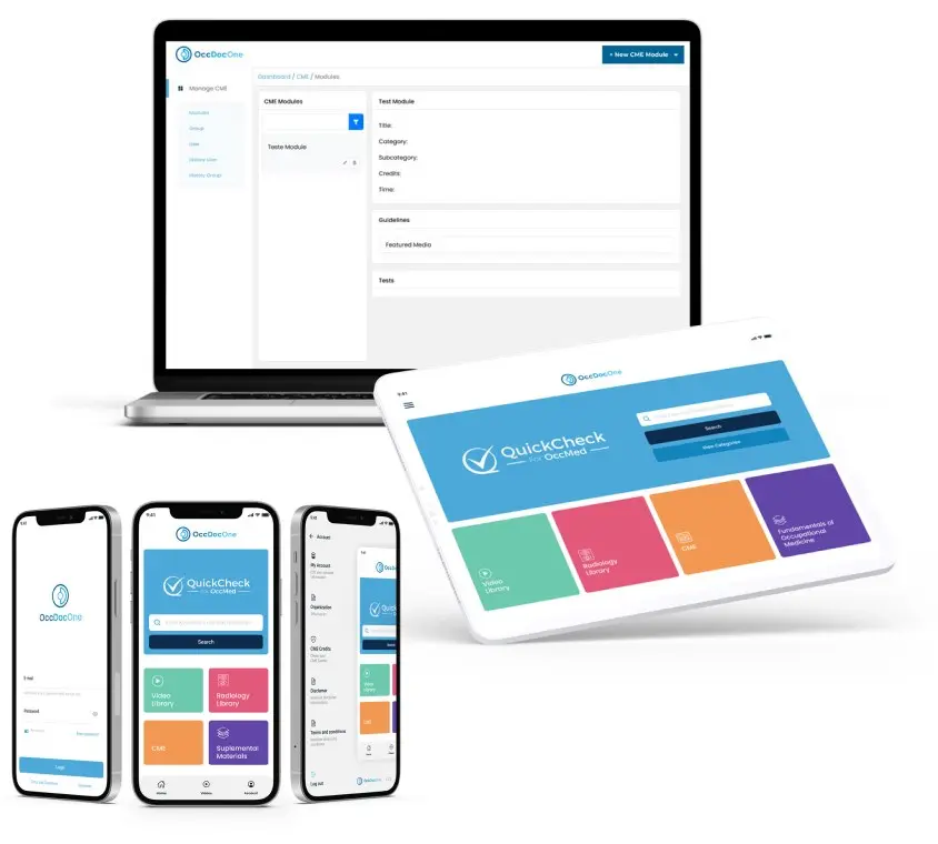 Painel administrativo do OccDocOne em laptop, tablet e celulares