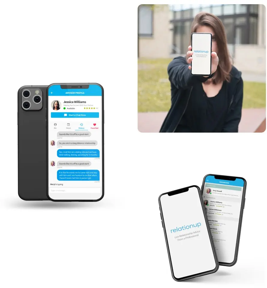 Aplicativo Relationup em celulares, com chat e perfil de conselheiro